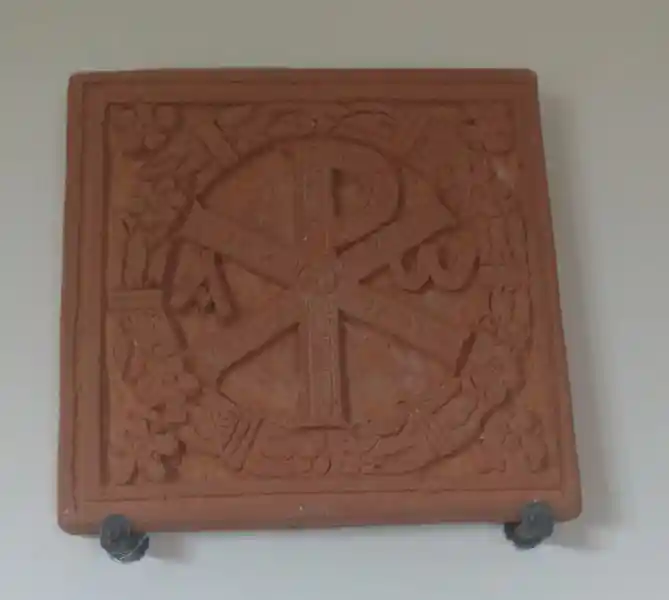 Chi-rho alpha and omega, clay piece